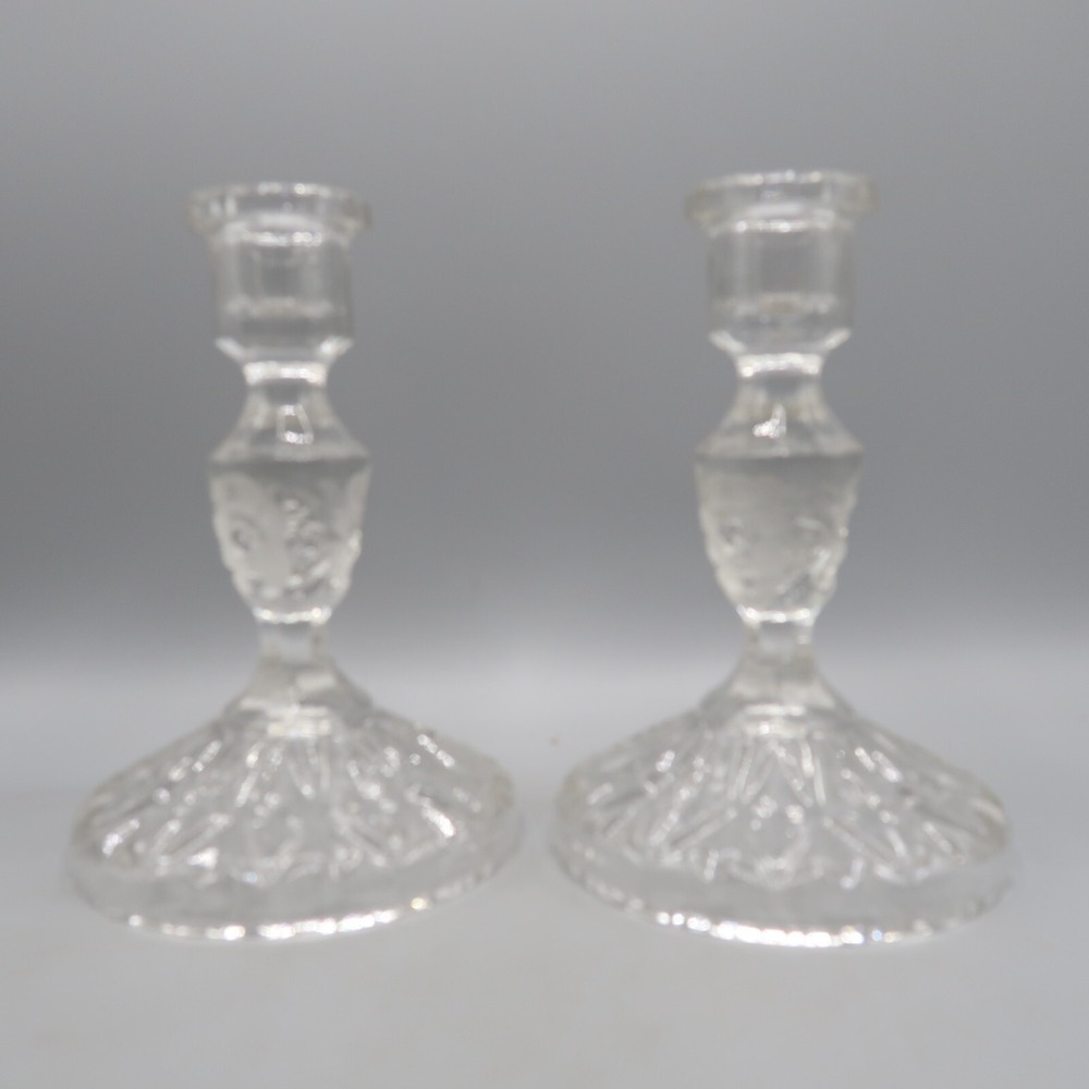 Vintage Lead Crystal Candlesticks Holders Set 2 Ambrosia Clear‎ Glass 6" Floral